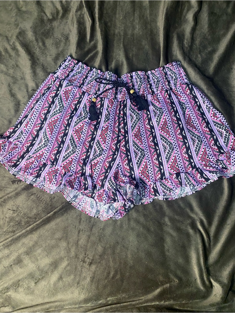 No Boundaries Purple Patterned Tassel-Waist Athletic Shorts